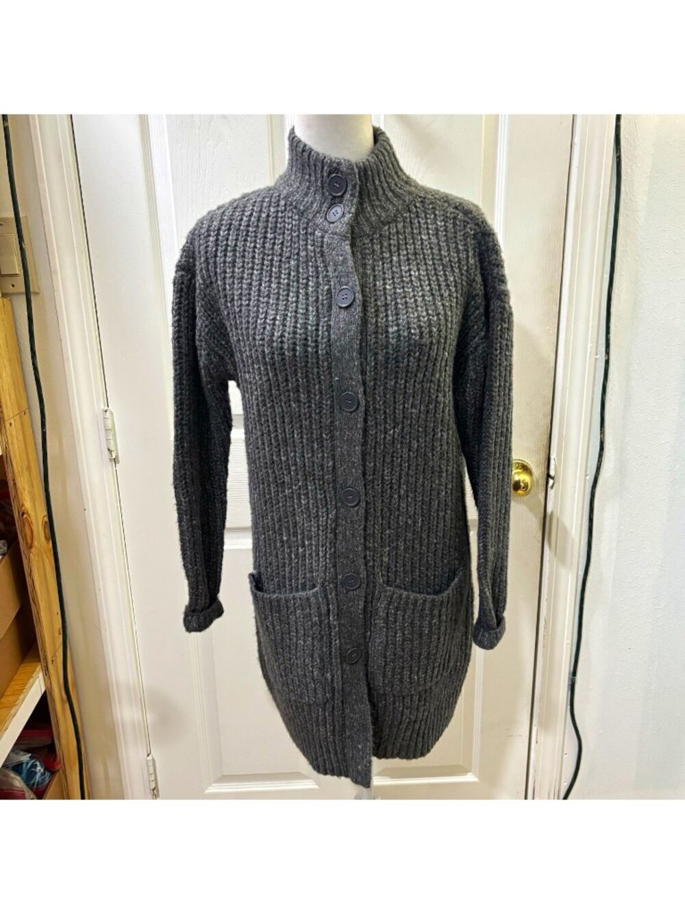 Soft Surroundings grandpa Gray Chunky Knit Button Front Mock Neck Cardigan XS